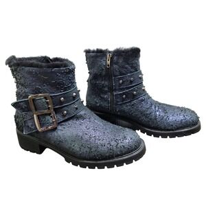 Ross‎ & Snow Womens 8.5 Metallic Blue Studded Shearling Moto Boots Made in Italy